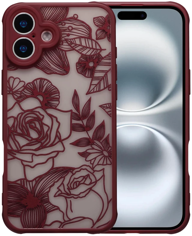 Main image of for iPhone 17 Case Cute Floral, Wine Red | Girly Women Flower Rose Aesthetic Burgundy Pattern, Full Camera Protection Translucent Matte Anti-Yellowing Shockproof Cover