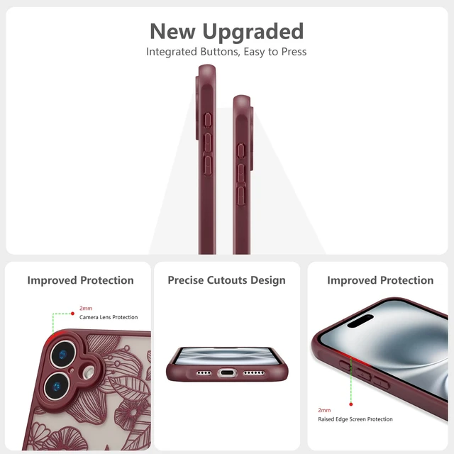 Alt view image 4 of 7 - for iPhone 17 Case Cute Floral, Wine Red | Girly Women Flower Rose Aesthetic Burgundy Pattern, Full Camera Protection Translucent Matte Anti-Yellowing Shockproof Cover