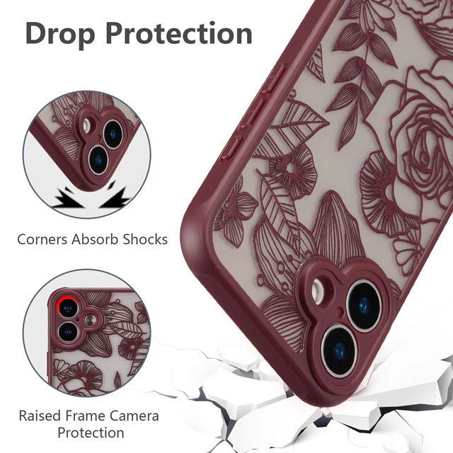 Alt view image 5 of 7 - for iPhone 17 Case Cute Floral, Wine Red | Girly Women Flower Rose Aesthetic Burgundy Pattern, Full Camera Protection Translucent Matte Anti-Yellowing Shockproof Cover