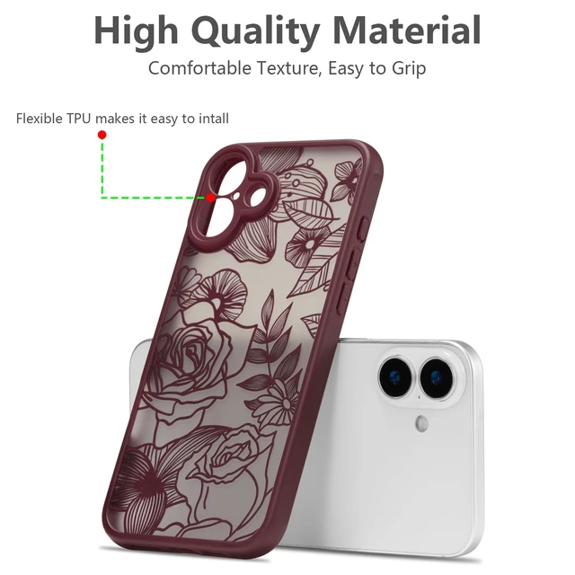 Alt view image 7 of 7 - for iPhone 17 Case Cute Floral, Wine Red | Girly Women Flower Rose Aesthetic Burgundy Pattern, Full Camera Protection Translucent Matte Anti-Yellowing Shockproof Cover