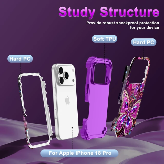 Alt view image 2 of 7 - for iPhone 18 Pro Case,Three Layer Heavy Duty Shockproof Protection Hard Plastic Bumper +Soft Silicone Rubber Protective Case for Apple iPhone 18 Pro 6.3 inch,Glow in The Dark-Diamond Purple
