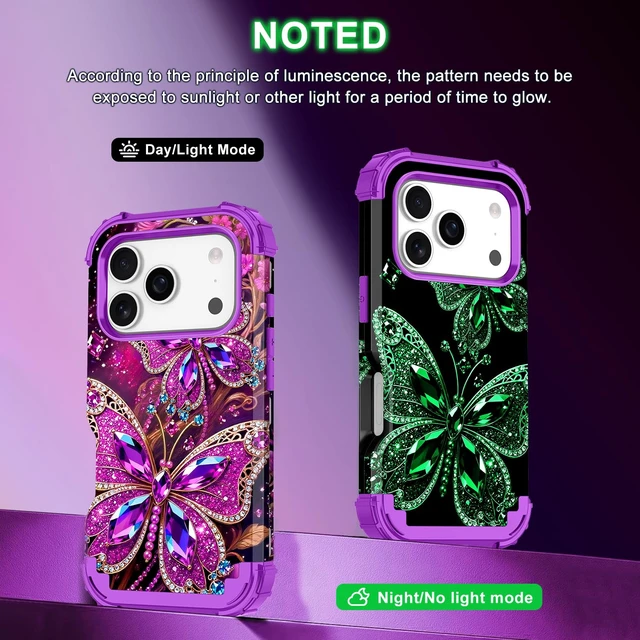 Alt view image 3 of 7 - for iPhone 18 Pro Case,Three Layer Heavy Duty Shockproof Protection Hard Plastic Bumper +Soft Silicone Rubber Protective Case for Apple iPhone 18 Pro 6.3 inch,Glow in The Dark-Diamond Purple