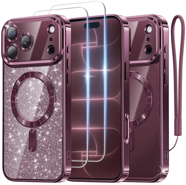 Main image of for iPhone 18 Pro Case with 2X Tempered Glass, Burgundy | Compatible with Magsafe, Double Raised Camera Protection, with Glitter Card & Wrist Strap, Metallic-Plated Edge & Clear Back