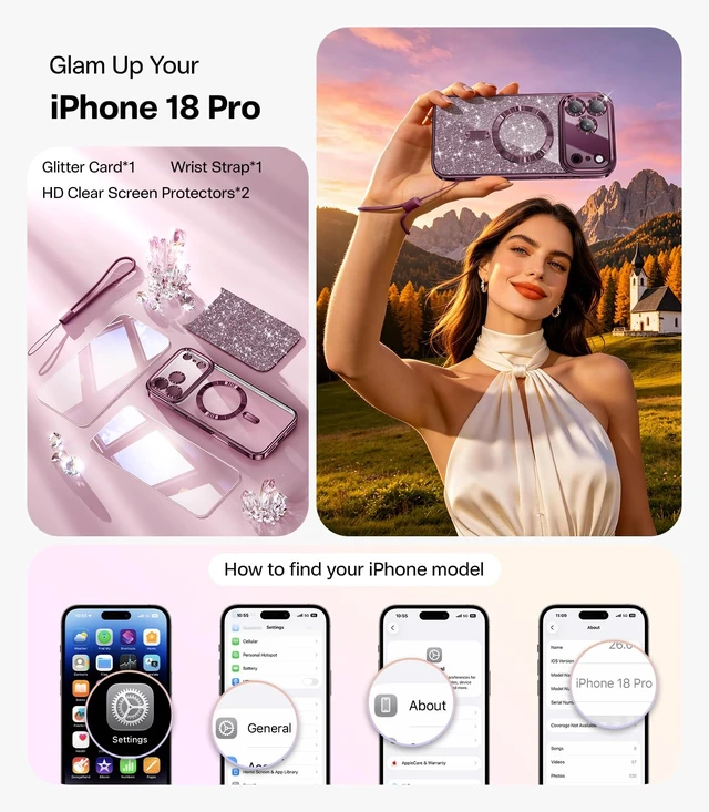 Alt view image 2 of 7 - for iPhone 18 Pro Case with 2X Tempered Glass, Burgundy | Compatible with Magsafe, Double Raised Camera Protection, with Glitter Card & Wrist Strap, Metallic-Plated Edge & Clear Back