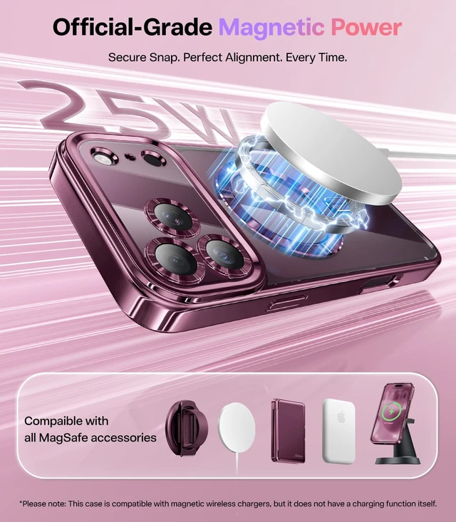 Alt view image 4 of 7 - for iPhone 18 Pro Case with 2X Tempered Glass, Burgundy | Compatible with Magsafe, Double Raised Camera Protection, with Glitter Card & Wrist Strap, Metallic-Plated Edge & Clear Back