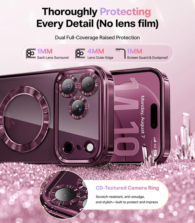 Alt view image 5 of 7 - for iPhone 18 Pro Case with 2X Tempered Glass, Burgundy | Compatible with Magsafe, Double Raised Camera Protection, with Glitter Card & Wrist Strap, Metallic-Plated Edge & Clear Back