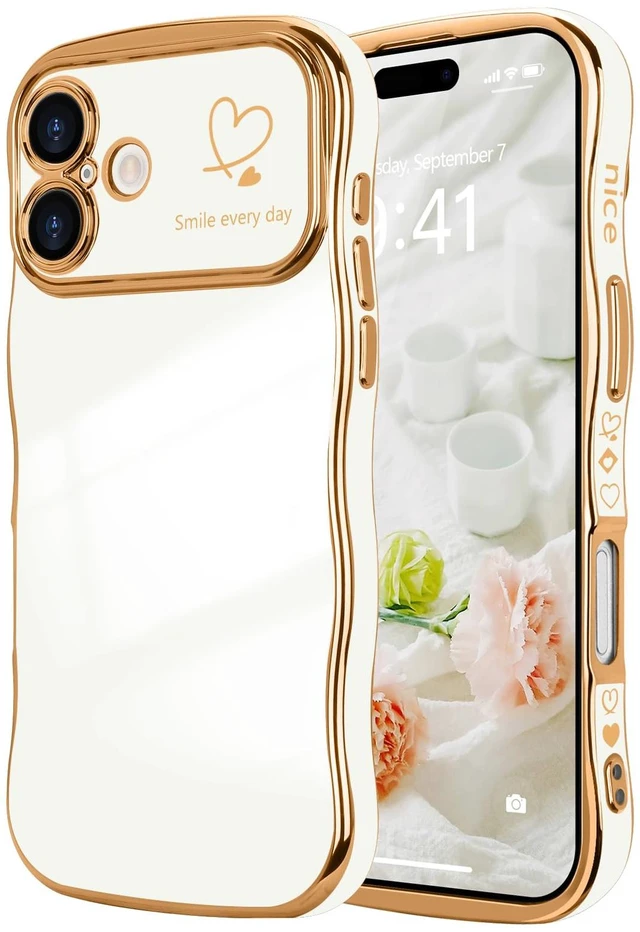 Main image of for iPhone 17 Case Cute for Women Girls Wave Shape, White | Luxury Plating Curly Wavy Frame with Love Heart Pattern, Raised Camera Protection Back Cover Shockproof Phone Case