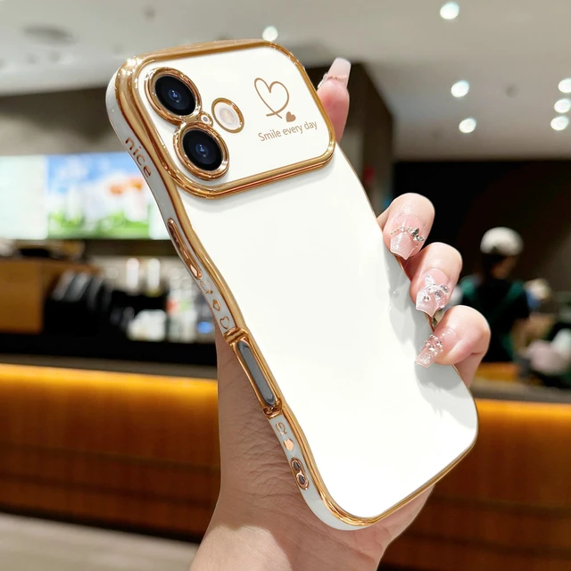 Alt view image 2 of 7 - for iPhone 17 Case Cute for Women Girls Wave Shape, White | Luxury Plating Curly Wavy Frame with Love Heart Pattern, Raised Camera Protection Back Cover Shockproof Phone Case