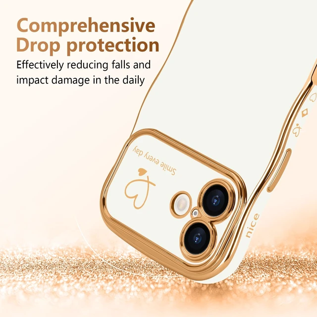 Alt view image 3 of 7 - for iPhone 17 Case Cute for Women Girls Wave Shape, White | Luxury Plating Curly Wavy Frame with Love Heart Pattern, Raised Camera Protection Back Cover Shockproof Phone Case