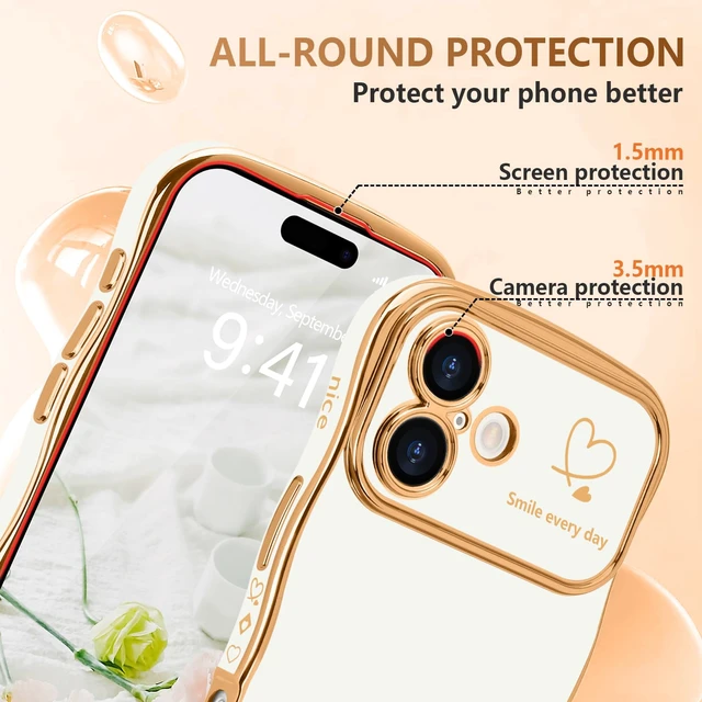 Alt view image 4 of 7 - for iPhone 17 Case Cute for Women Girls Wave Shape, White | Luxury Plating Curly Wavy Frame with Love Heart Pattern, Raised Camera Protection Back Cover Shockproof Phone Case