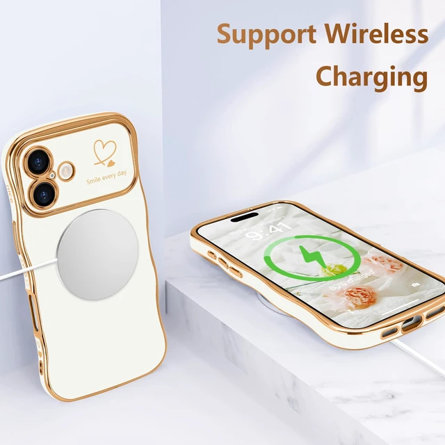 Alt view image 6 of 7 - for iPhone 17 Case Cute for Women Girls Wave Shape, White | Luxury Plating Curly Wavy Frame with Love Heart Pattern, Raised Camera Protection Back Cover Shockproof Phone Case