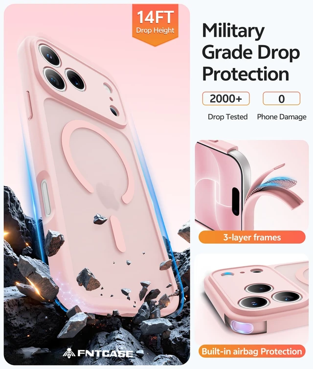 Alt view image 6 of 7 - for iPhone 18 Pro Case / iPhone 17 Pro Case, Fit for Magsafe | Screen Protector, Camera Protection, Translucent Matte, 14FT Military Grade Drop Proof, Shockproof Phone Cover, Light Pink