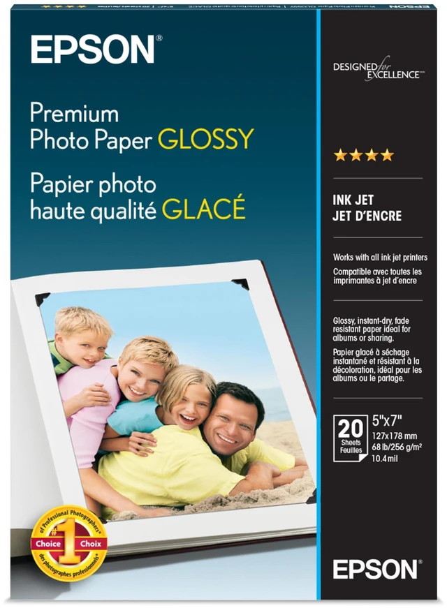 Main image of Premium Photo Paper Glossy 5x7 20 sheets S041464 | High-gloss, heavyweight paper creates durable, smudge- and water-resistant photos for albums and frames