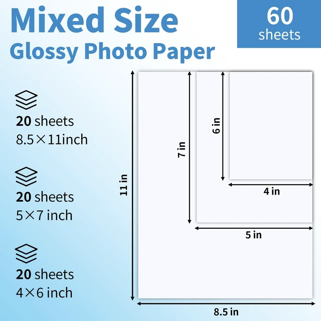 Alt view image 2 of 7 - Glossy Photo Paper, 60 Sheets Inkjet Photo Printer Paper | Instant Dry, 4×6 5×7 8.5×11 in, 180gsm/48lb, Blank Back, Reflective Finish, Advanced Cast Coating, DIY Chip Bag/Flyer/Card