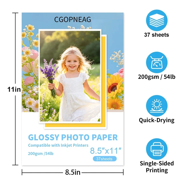Alt view image 2 of 7 - Glossy Photo Paper 8.5 x 11, 37 Sheets Inkjet Printer Photo Paper | Quickdrying & Smudgeresistant; Vibrant Print Colors. Ideal for DIY Projects, Scrapbooking, and Brochures (200gsm/54lb)