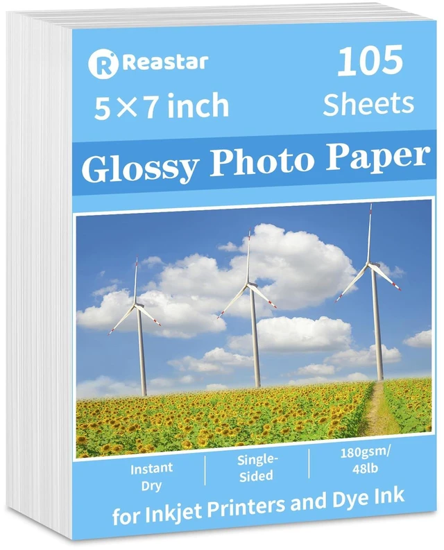 Main image of Glossy Photo Paper 5×7 in, 105 Sheets Inkjet Photo Printer Paper | Instant Dry, 180gsm/48lb, Blank Back, Reflective Finish, Advanced Cast Coating, DIY Chip Bag/Flyer/Card/Calendars/Brochures