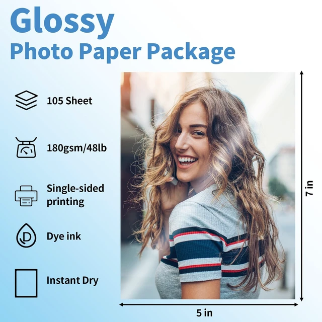 Alt view image 2 of 7 - Glossy Photo Paper 5×7 in, 105 Sheets Inkjet Photo Printer Paper | Instant Dry, 180gsm/48lb, Blank Back, Reflective Finish, Advanced Cast Coating, DIY Chip Bag/Flyer/Card/Calendars/Brochures