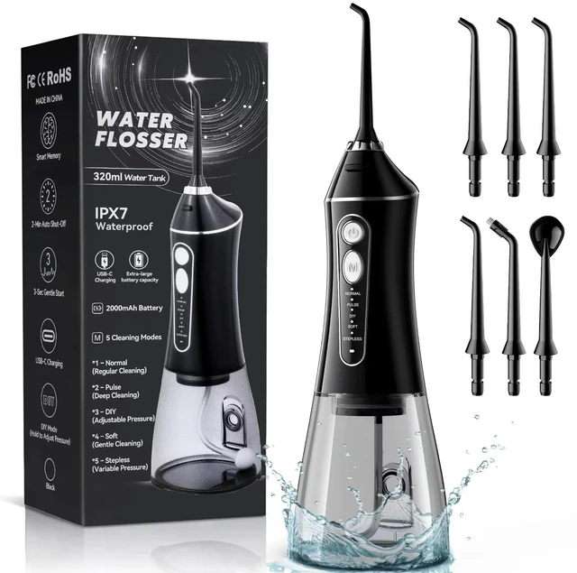 Main image of Cordless Water Flosser for Teeth with 6 Jet Tips, DIY 5 Modes 320ML Tank IPX7 Waterproof Portable Rechargeable Water flosser for Dental Hygiene Cordless for Home and Travel, Black