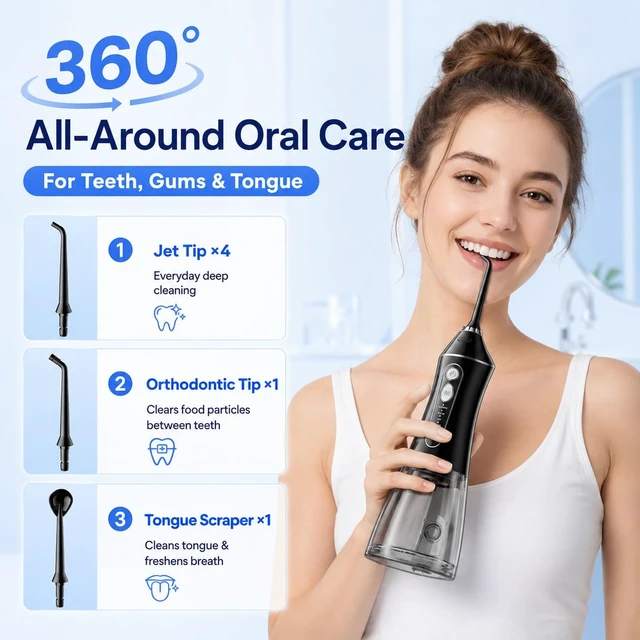 Alt view image 4 of 7 - Cordless Water Flosser for Teeth with 6 Jet Tips, DIY 5 Modes 320ML Tank IPX7 Waterproof Portable Rechargeable Water flosser for Dental Hygiene Cordless for Home and Travel, Black