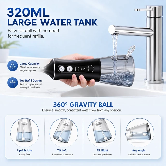 Alt view image 6 of 7 - Cordless Water Flosser for Teeth with 6 Jet Tips, DIY 5 Modes 320ML Tank IPX7 Waterproof Portable Rechargeable Water flosser for Dental Hygiene Cordless for Home and Travel, Black