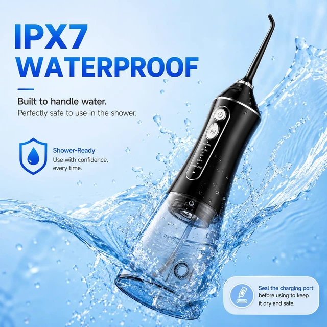 Alt view image 7 of 7 - Cordless Water Flosser for Teeth with 6 Jet Tips, DIY 5 Modes 320ML Tank IPX7 Waterproof Portable Rechargeable Water flosser for Dental Hygiene Cordless for Home and Travel, Black