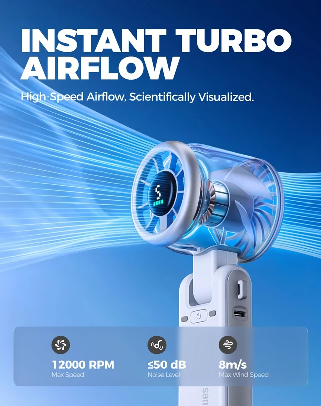 Alt view image 7 of 7 - Portable Handheld Turbo Fan, 5 Gear Wind, Battery Operated, Up to 12 Working Hours, 3 IN 1 Hand Fan with Air Turbo Tech Cooling Fan for Outdoor Activities, Travel, Working, Silvery white