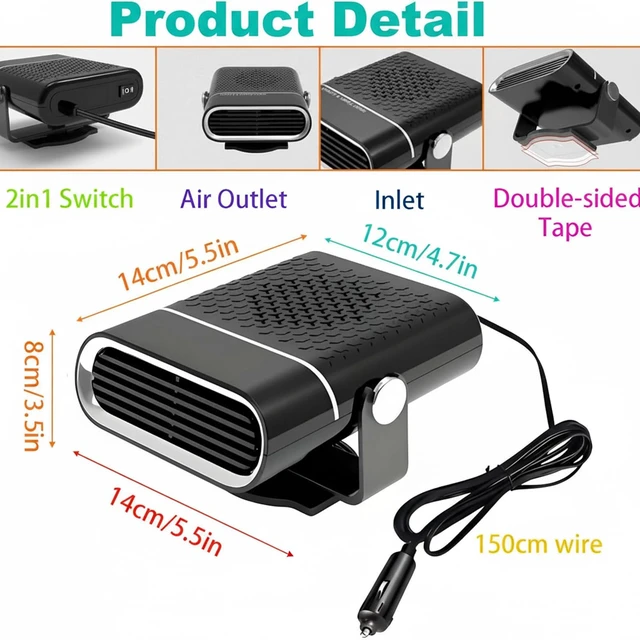 Alt view image 2 of 7 - Car Heater, 12V 150W Portable Car Heater Plug in Cigarette Lighter Fast Heating Defrost Defogger