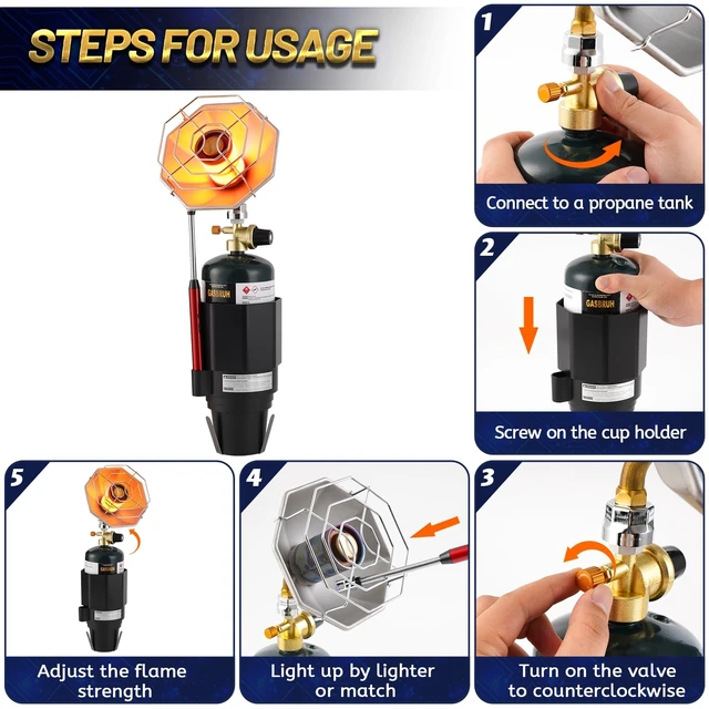 Alt view image 4 of 5 - Golf Cart Heater with Cup Holder-Control Valve,6200BTU Portable Outdoor Propane Heater with Windproof USB Lighter, compatible for Most Golf Cart EZGO, Yamaha& Club Car (Fuel Not included)