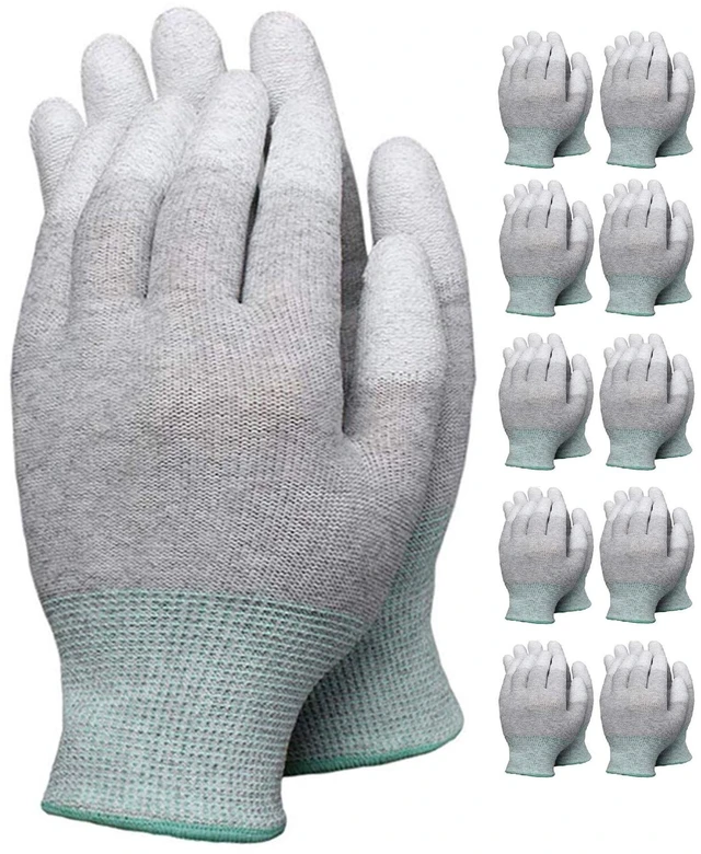 Main image of Anti Static Gloves, Large, Yellow | 10 Pairs, Coated Fingertip, Grey Carbon Fibers, 13G ESD Safety Work