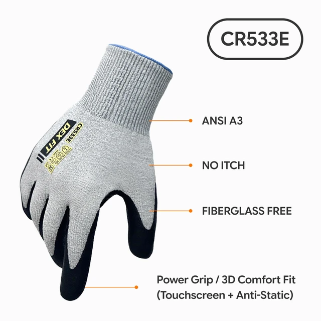 Alt view image 2 of 6 - Cut Resistant Work Gloves Fiberglass-Free No Itch Safety Gloves for Men Women, Anti-Static ESD Safe, Touchscreen, Thin Foam Nitrile Grip; CR533E A3 Gray, XL (10), 1 Pair