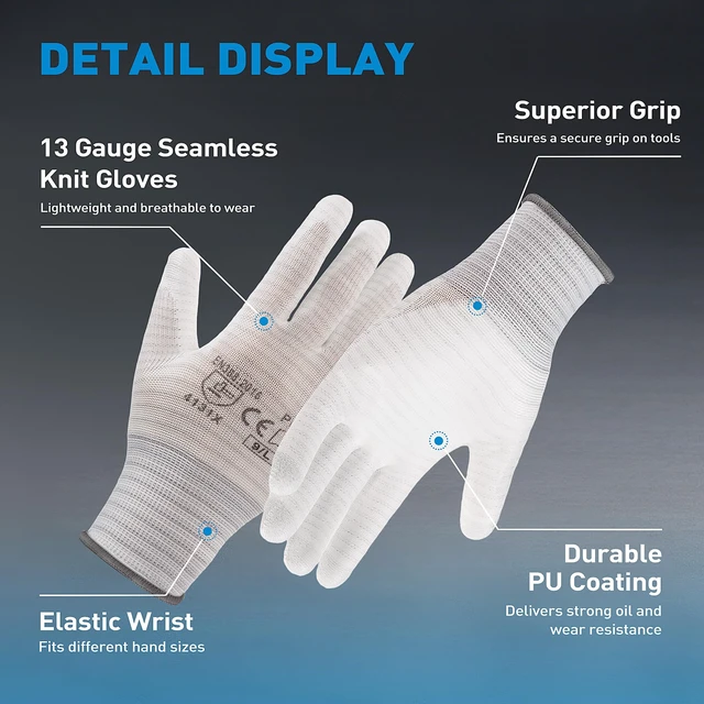 Alt view image 5 of 7 - 12 Pairs Work Gloves with Non-Slip, 13 Gauge Polyester Seamless Gloves with Polyurethane Coated, Garden Gloves for Men and Women, X-Large