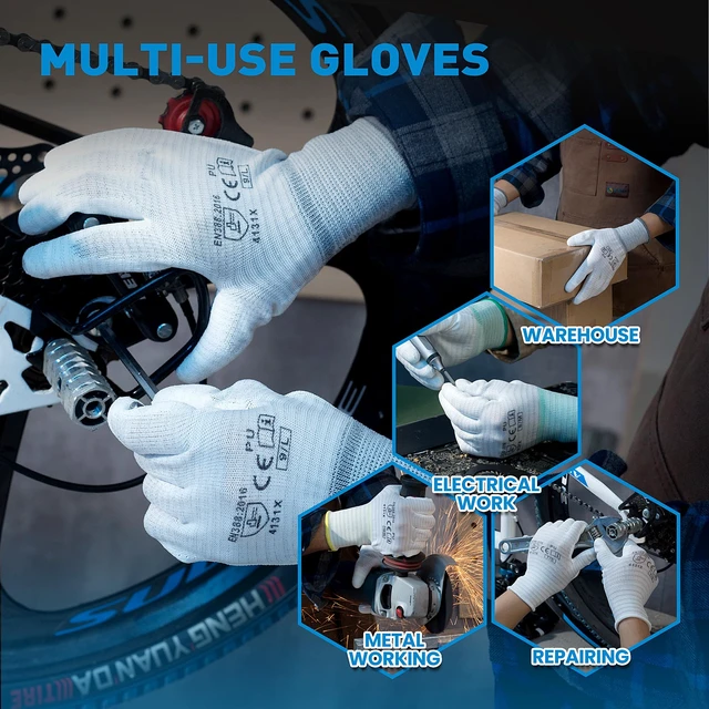 Alt view image 6 of 7 - 12 Pairs Work Gloves with Non-Slip, 13 Gauge Polyester Seamless Gloves with Polyurethane Coated, Garden Gloves for Men and Women, X-Large