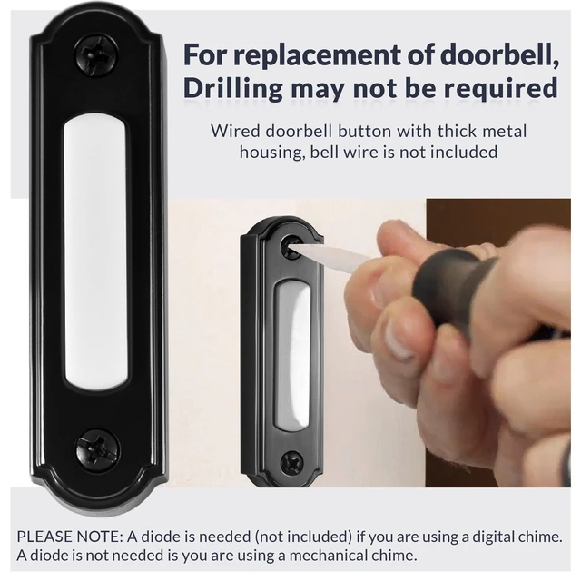 Alt view image 6 of 7 - LED Lighted Metal Door Chime Push Button (Black) | Surface Mount Lighted Door Bell Button | Replacement Wired Doorbell Button for Most Door Bell Chimes