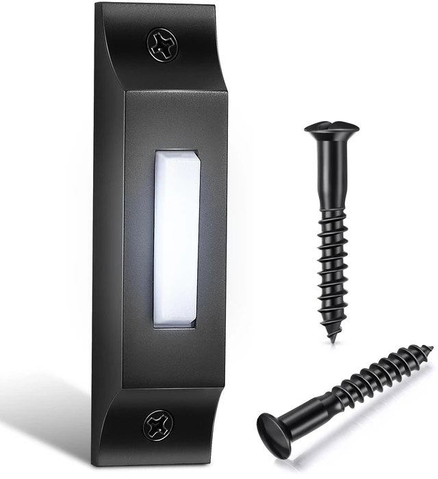 Main image of Lighted Wired Doorbell Button, Metal Wall Mount Push Button, Black | Heavy-duty metal wired doorbell button with LED light, wall mounted design, compatible with most wired doorbell systems
