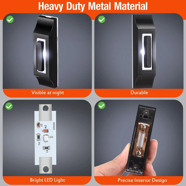 Alt view image 6 of 7 - Solid Metal Doorbell Button, Wall Mounted Door Bell, Black | Sleek Metal LED Light Up Wired Door Bell Push Buttons for Home, Universal Garage Door Opener Switch, Property in Copyright