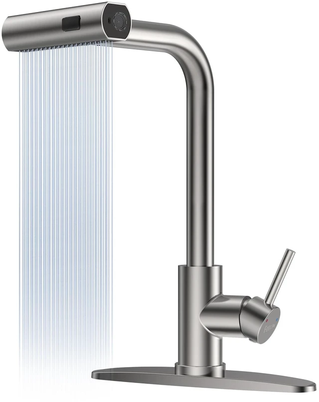 Main image of 4-Mode Kitchen Sink Faucet, Pull Down Sprayer, Brushed Nickel | Lead-Free NSF Certified, High Arc, Stainless Steel, Single Handle, Kitchen Faucets, 1 or 3 Hole, Farmhouse Laundry RV Bar