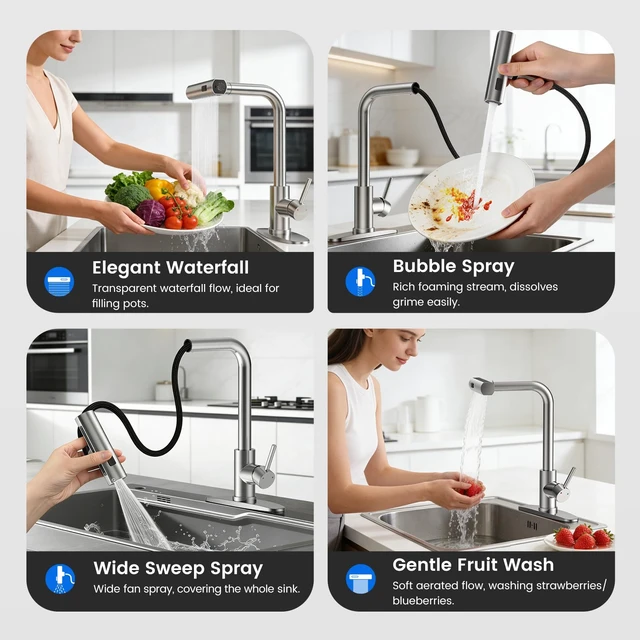 Alt view image 2 of 7 - 4-Mode Kitchen Sink Faucet, Pull Down Sprayer, Brushed Nickel | Lead-Free NSF Certified, High Arc, Stainless Steel, Single Handle, Kitchen Faucets, 1 or 3 Hole, Farmhouse Laundry RV Bar