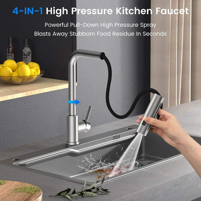 Alt view image 3 of 7 - 4-Mode Kitchen Sink Faucet, Pull Down Sprayer, Brushed Nickel | Lead-Free NSF Certified, High Arc, Stainless Steel, Single Handle, Kitchen Faucets, 1 or 3 Hole, Farmhouse Laundry RV Bar