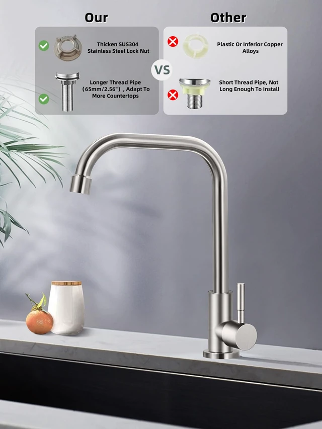 Alt view image 2 of 7 - Cold Only Water Faucet Single Hole Kitchen Sink Faucet SUS304 Stainless Steel Brushed Nickel
