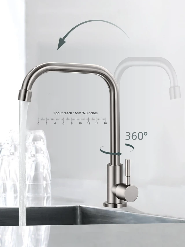 Alt view image 4 of 7 - Cold Only Water Faucet Single Hole Kitchen Sink Faucet SUS304 Stainless Steel Brushed Nickel