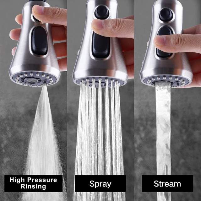 Alt view image 2 of 7 - Pull Down Spray Head for Kitchen Faucet, 3-Function Sink Nozzle | NSF/ANSI/CAN 61/372 &cUPC Certified Faucet Head Replacement, 15 Adapters, Compatible with Moen, Delta, Kohler, Brushed Nickel