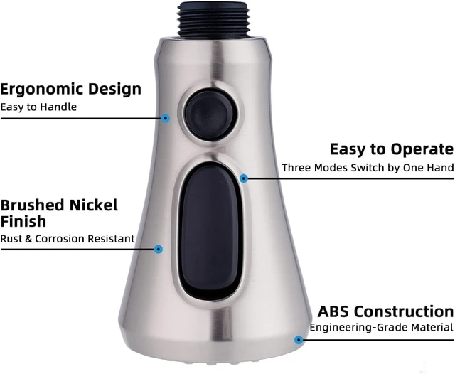 Alt view image 3 of 7 - Pull Down Spray Head for Kitchen Faucet, 3-Function Sink Nozzle | NSF/ANSI/CAN 61/372 &cUPC Certified Faucet Head Replacement, 15 Adapters, Compatible with Moen, Delta, Kohler, Brushed Nickel