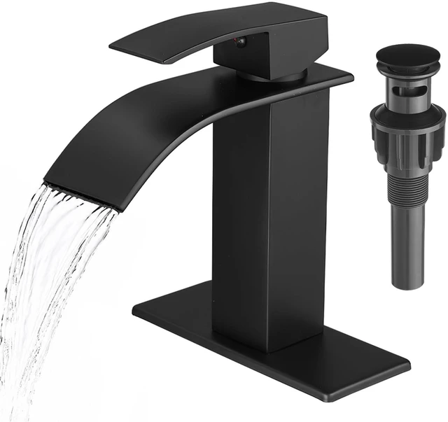 Main image of Black Bathroom Faucets, Waterfall 1 Hole Faucet with Deck & Drain | Single-handle lead-free SUS304 faucet | includes pop-up drain, cUPC supply hoses and 6 in deck plate for 1 or 3-hole sinks