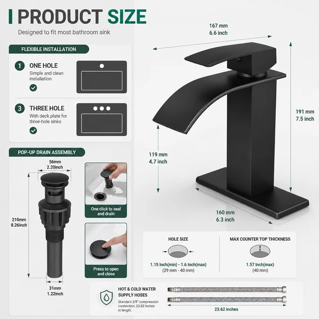 Alt view image 2 of 7 - Black Bathroom Faucets, Waterfall 1 Hole Faucet with Deck & Drain | Single-handle lead-free SUS304 faucet | includes pop-up drain, cUPC supply hoses and 6 in deck plate for 1 or 3-hole sinks