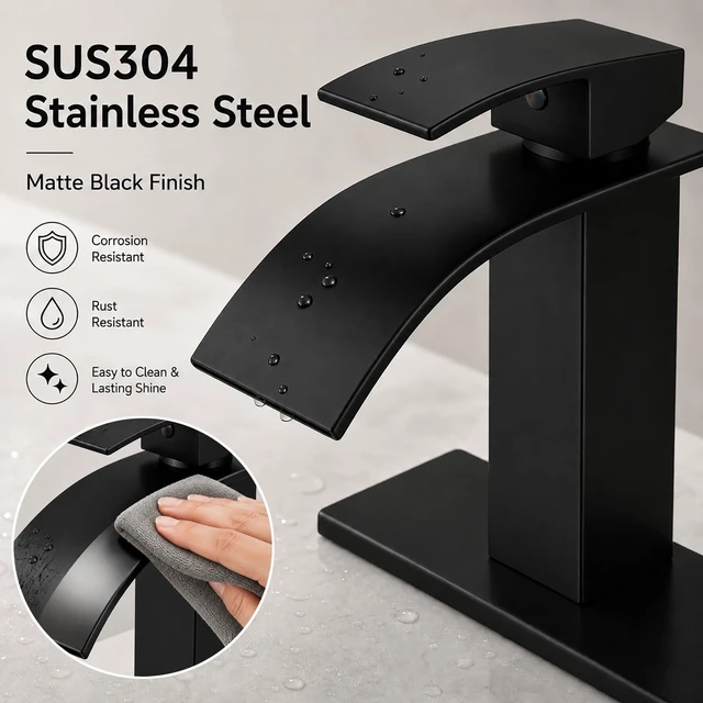 Alt view image 3 of 7 - Black Bathroom Faucets, Waterfall 1 Hole Faucet with Deck & Drain | Single-handle lead-free SUS304 faucet | includes pop-up drain, cUPC supply hoses and 6 in deck plate for 1 or 3-hole sinks