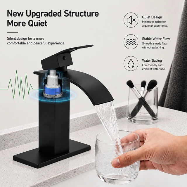 Alt view image 4 of 7 - Black Bathroom Faucets, Waterfall 1 Hole Faucet with Deck & Drain | Single-handle lead-free SUS304 faucet | includes pop-up drain, cUPC supply hoses and 6 in deck plate for 1 or 3-hole sinks