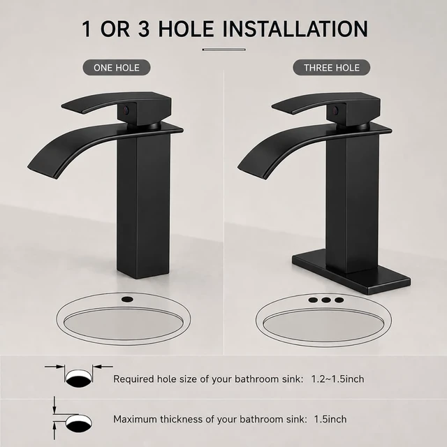 Alt view image 6 of 7 - Black Bathroom Faucets, Waterfall 1 Hole Faucet with Deck & Drain | Single-handle lead-free SUS304 faucet | includes pop-up drain, cUPC supply hoses and 6 in deck plate for 1 or 3-hole sinks