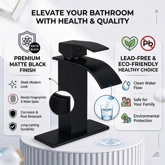 Alt view image 7 of 7 - Black Bathroom Faucets, Waterfall 1 Hole Faucet with Deck & Drain | Single-handle lead-free SUS304 faucet | includes pop-up drain, cUPC supply hoses and 6 in deck plate for 1 or 3-hole sinks