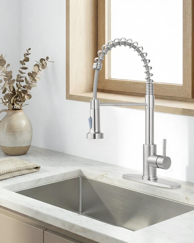 Alt view image 2 of 7 - Kitchen Faucet with Pull Down Sprayer, Brushed Nickel, High-Arc | Stainless Steel, Lead-Free NSF Certified, Single-Handle, 360° Swivel Spout, 1 or 3 Hole for Farmhouse RV Laundry Bar Sink
