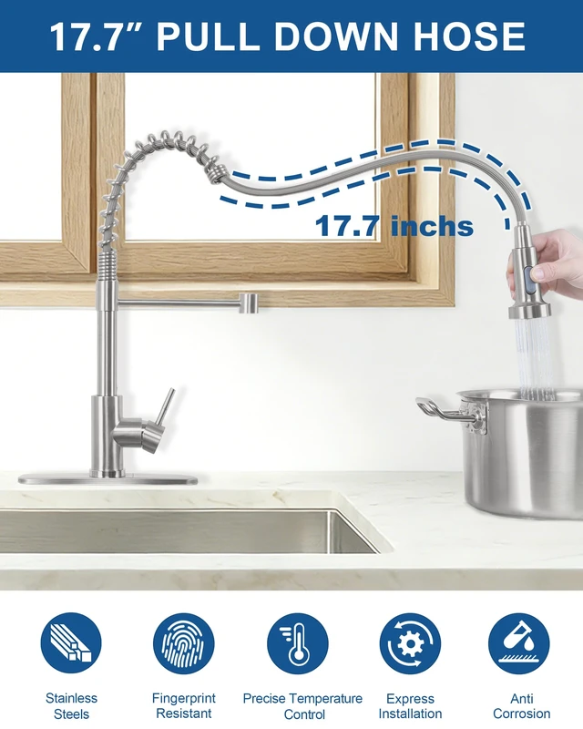 Alt view image 4 of 7 - Kitchen Faucet with Pull Down Sprayer, Brushed Nickel, High-Arc | Stainless Steel, Lead-Free NSF Certified, Single-Handle, 360° Swivel Spout, 1 or 3 Hole for Farmhouse RV Laundry Bar Sink